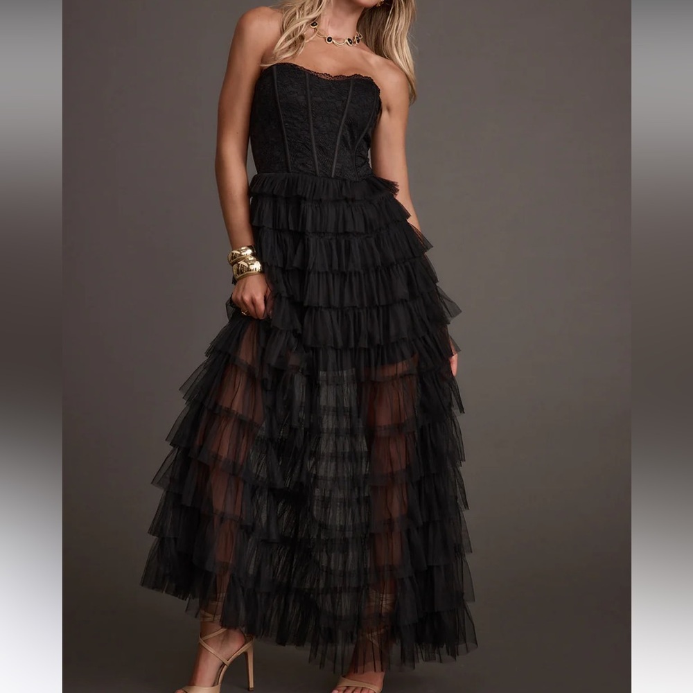 12th Tribe Esme Black Tulle Strapless Maxi Dress